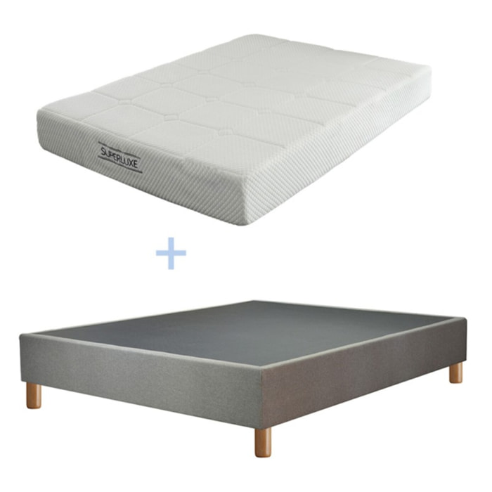 Ensemble Matelas Superluxe avec son sommier | Mémoire de forme Thermo-viscoélastique alvéolée | Cadre à lattes | Tissu | Gris clair