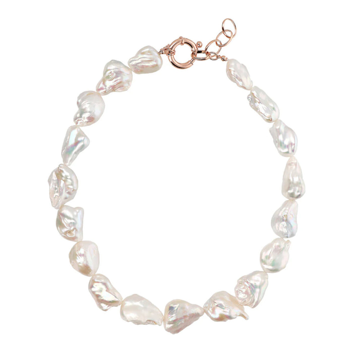 PERLAVIVA - Collana Girocollo in Argento 925 placcato Oro Bianco 18Kt con Perle Barocche Bianche d'Acqua Dolce Ø 15/16 mm