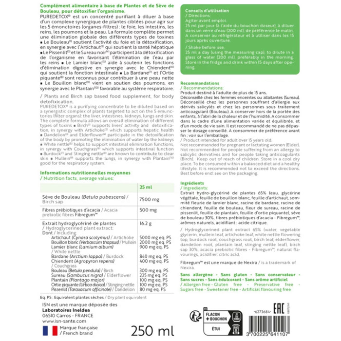 Ineldea Sante Naturelle - PUREDETOX - Elimination des toxines - Action globale et ciblée sur les 5 émonctoires - Sans Sucre - Sans Gluten - Cure 30j