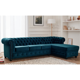 William - canapé Chesterfield d'angle droit - 4 places - en velours - Bleu canard