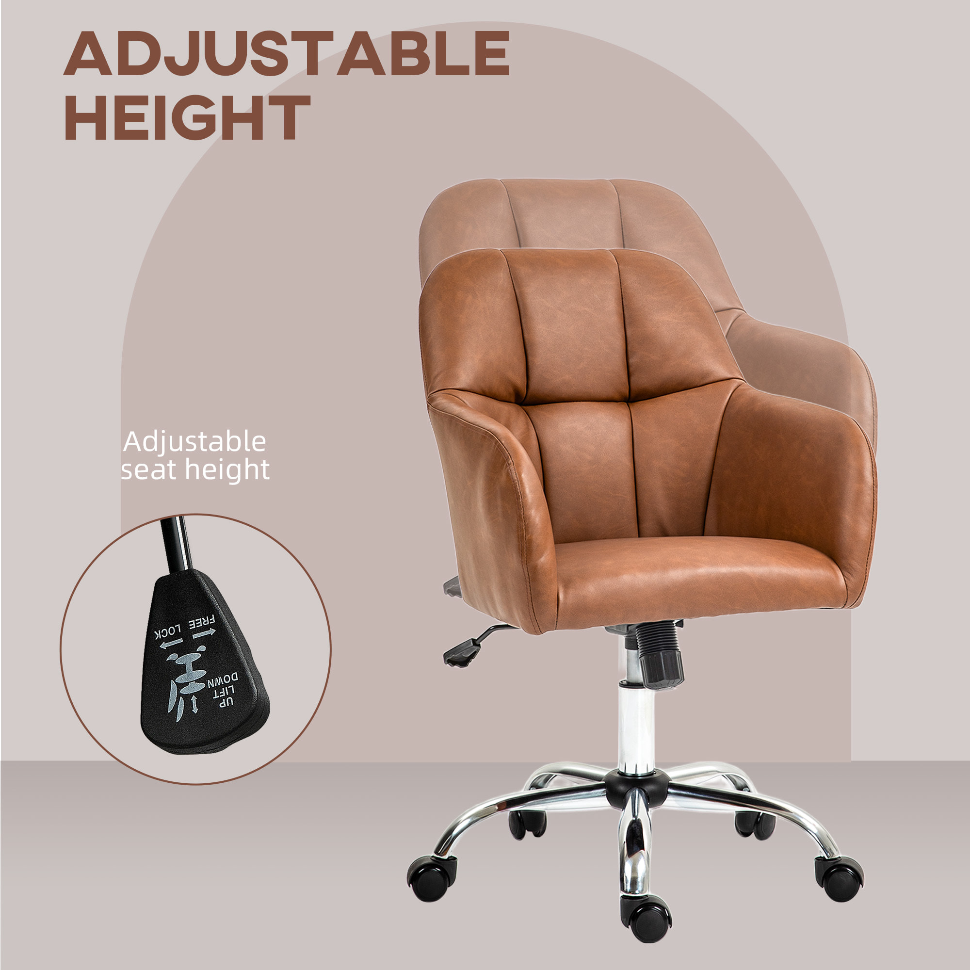 Chaise de bureau manager ergonomique style Chesterfield métal chromé synthétique camel