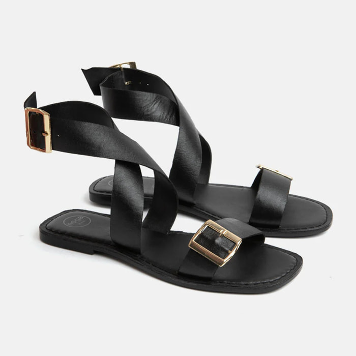 Sandalo in vera pelle alla schiava con fibbia oro - NERO