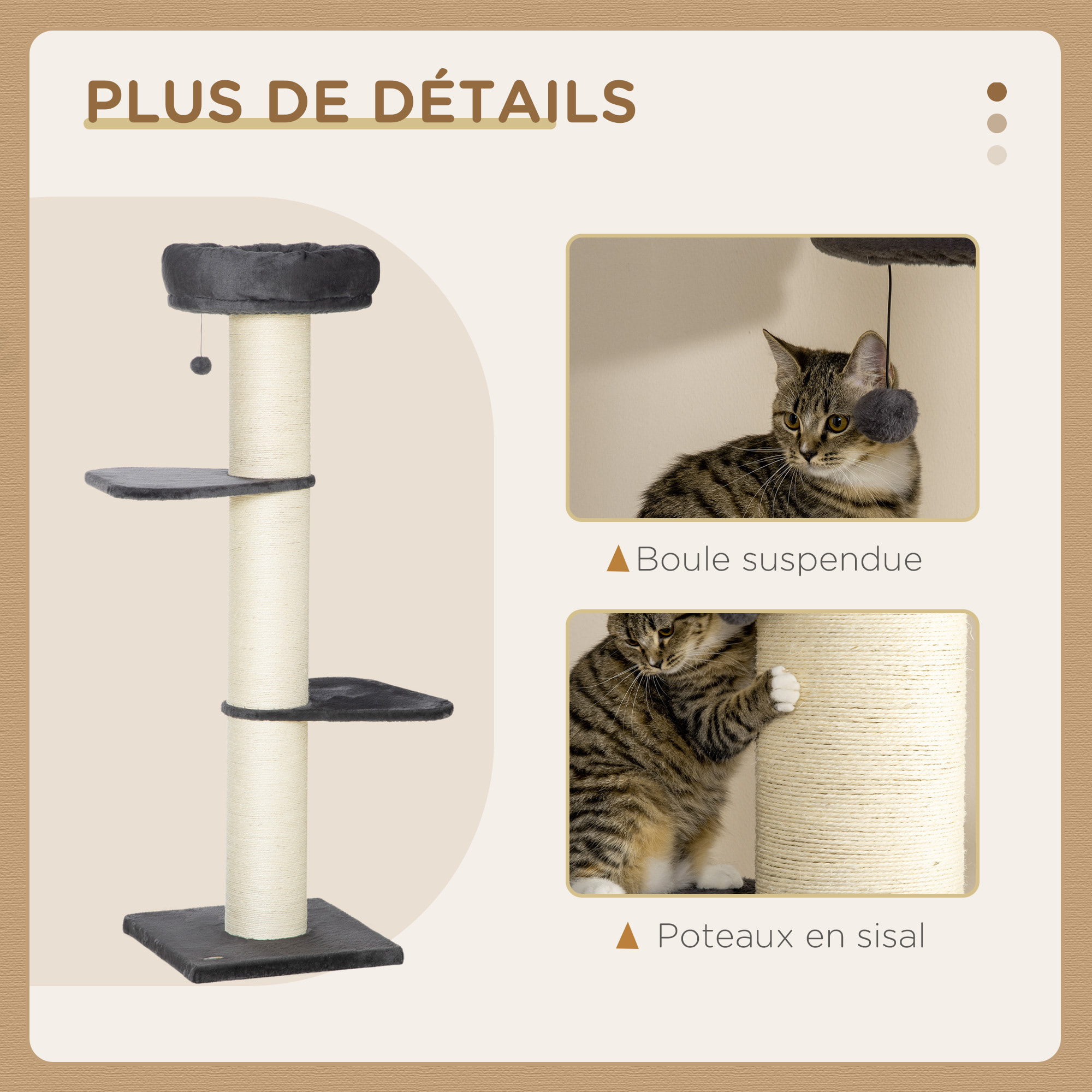 Arbre à chat griffoir sisal naturel 2 plateformes panier observation jeu boule suspendue peluche grise