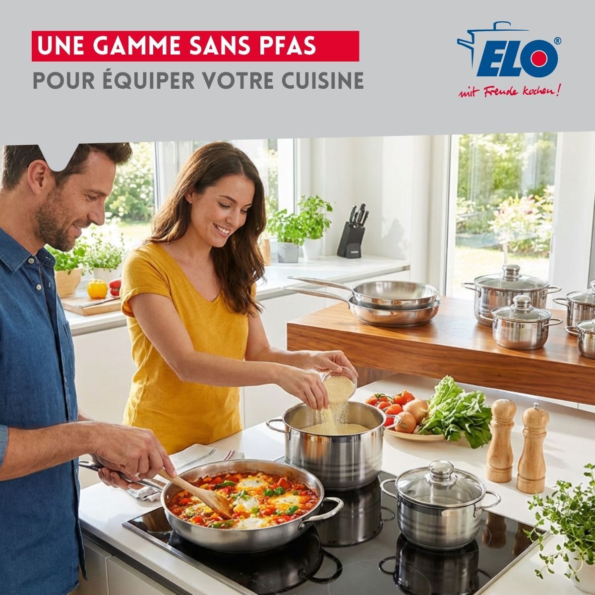 Ensemble de 3 Poêles de cuisson 24, 28 et 32 cm et 2 faitouts Elo Profi Brillant