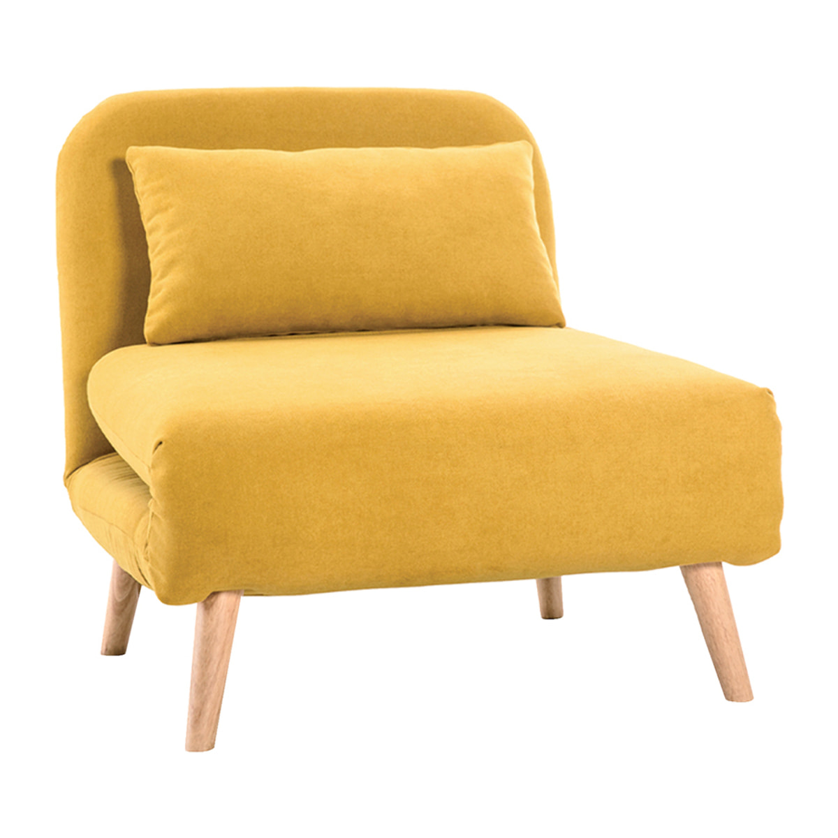 Fauteuil convertible scandinave en tissu effet velours jaune moutarde et bois clair AMIKO