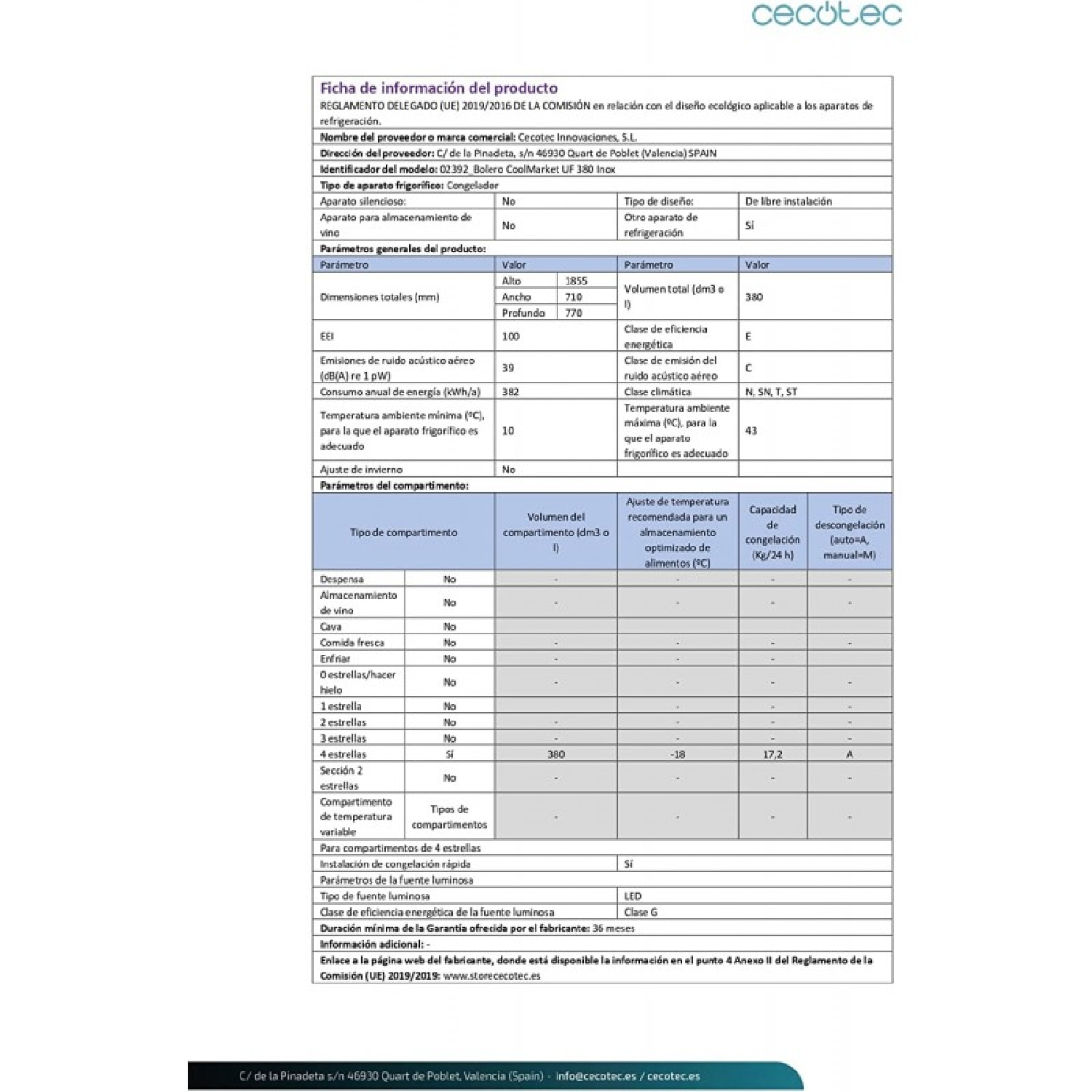 Cecotec Congelador Vertical Bolero CoolMarket UF 380 380 Litros Ahorro Energétic