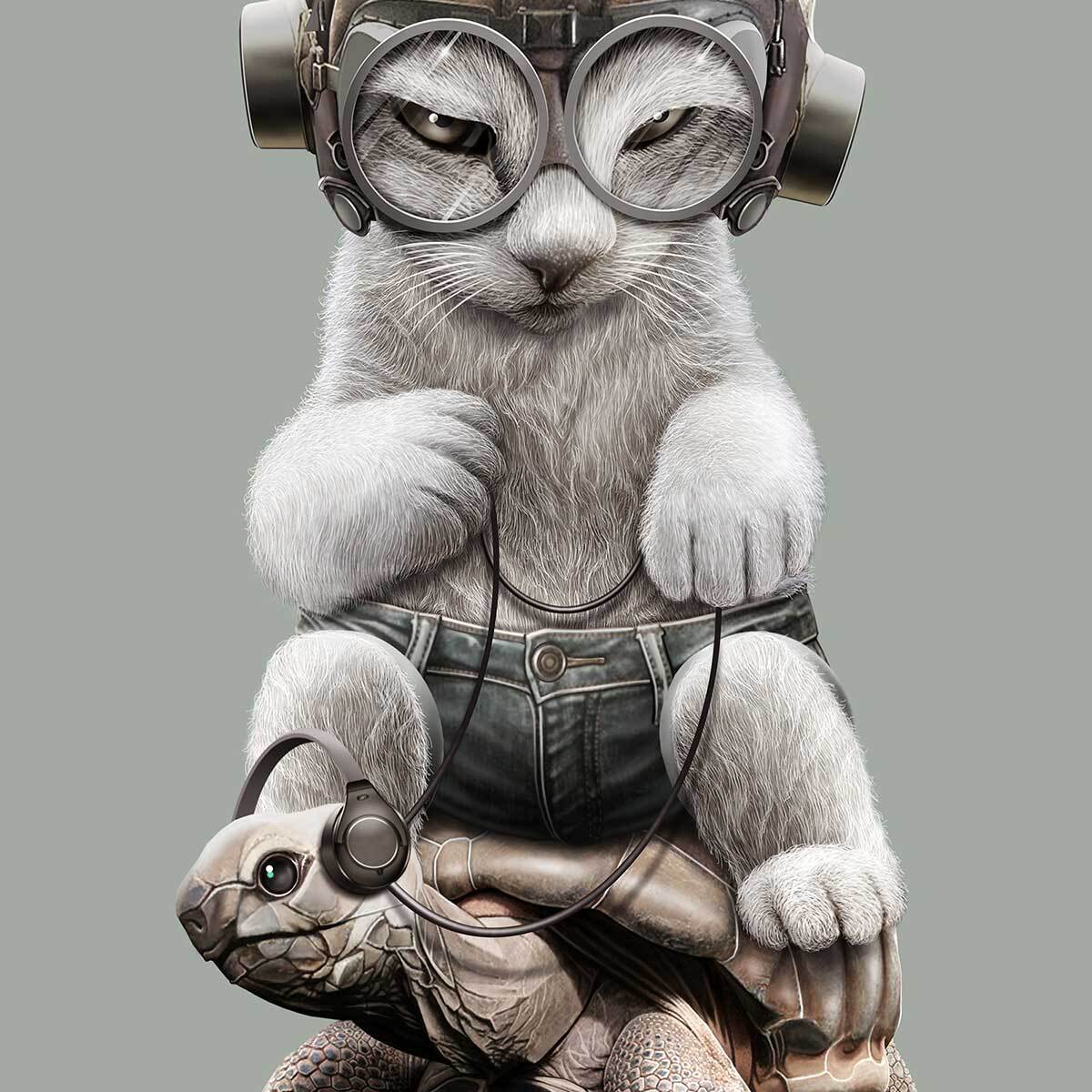 Affiche enfant chat sur une tortue  Affiche + cadre en bois - Noir