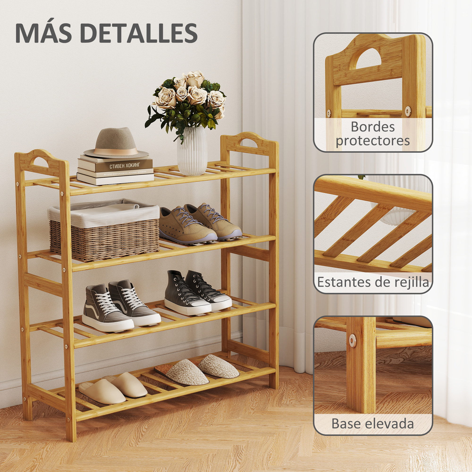 Zapatero de 4 Niveles Estantería para Zapatos de Bambú para 12 Pares de Zapatos para Entrada Pasillo Dormitorio 67,5x24,7x72 cm Natural