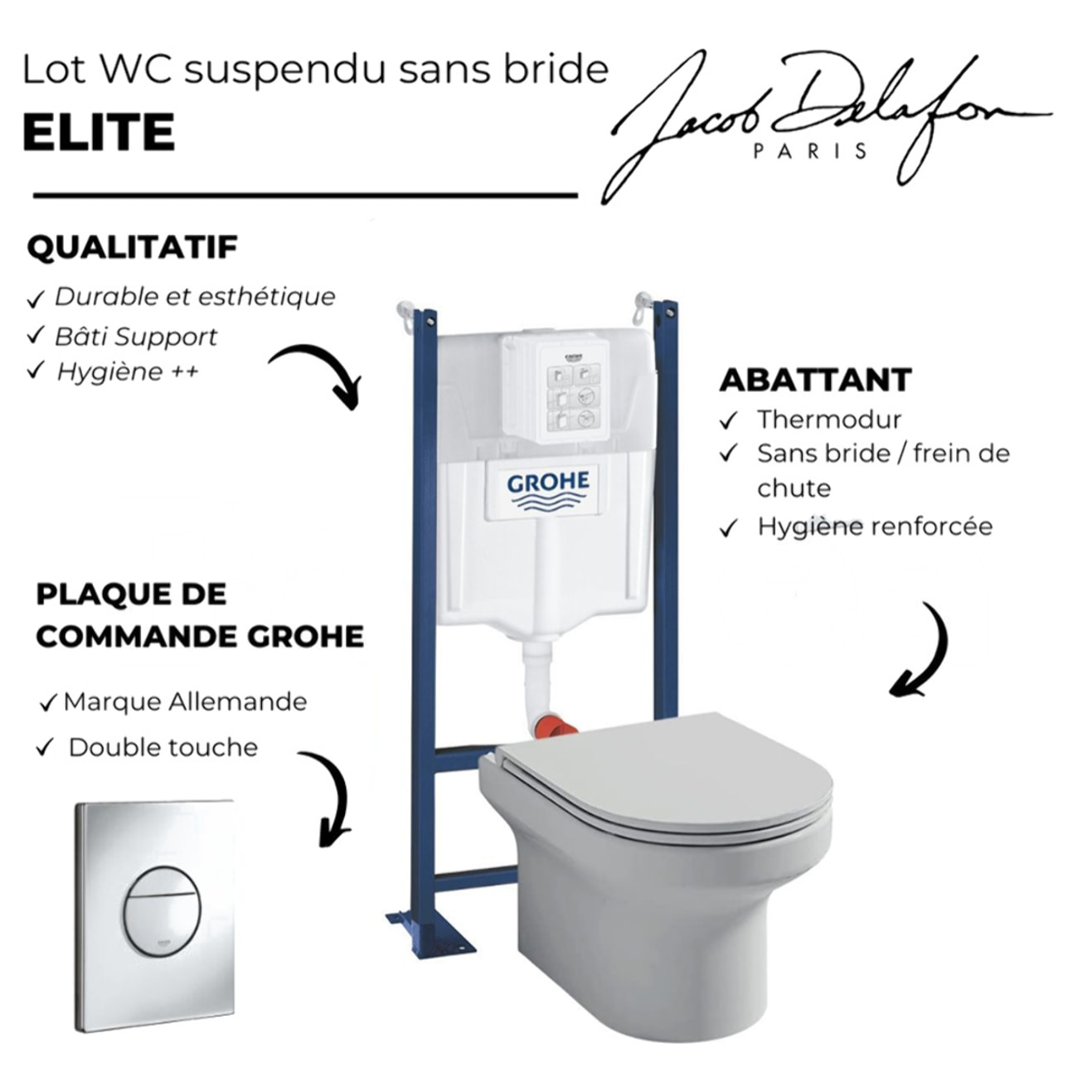 Pack WC suspendu sans bride + abattant + Bâti support + Sail Plaque de commande WC rond chromé