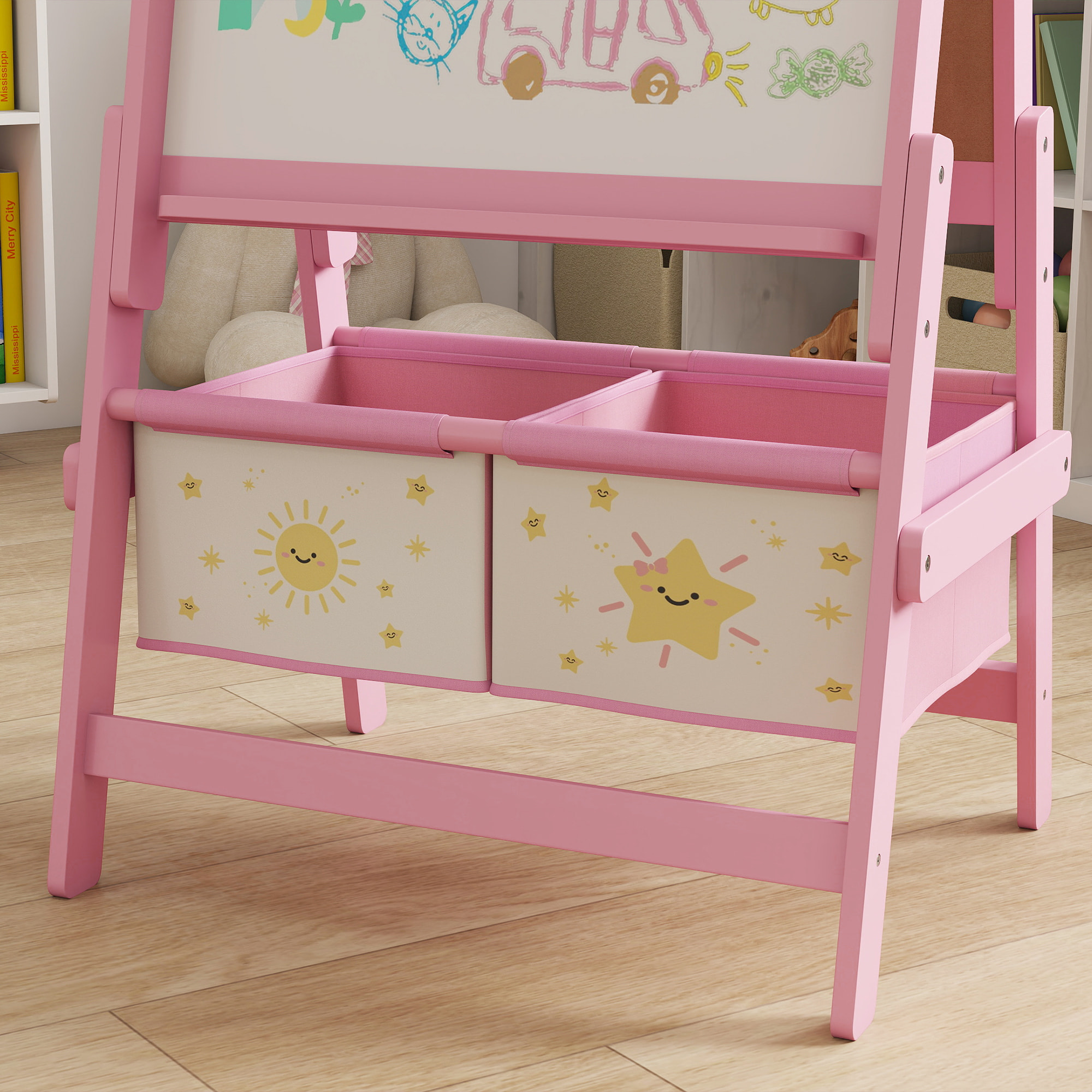 Tableau chevalet enfant - tableau blanc, tableau à craie, rouleau papier 3 en 1 - paniers rangement intégrés - MDF pin rose
