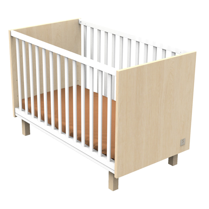 Lit bébé 120x60 avec pieds décor chêne velours et balustres blancs