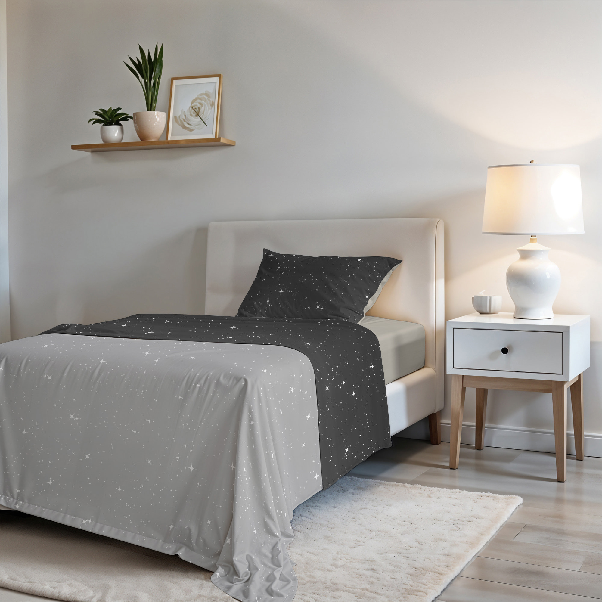 COMPLETO LETTO FASHION, 100% Microfibra, No Stiro - STARS GRIGIO