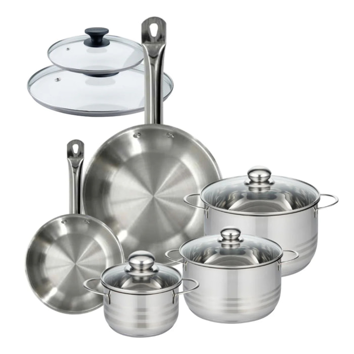Set 2 poêles 20 28 cm en inox et 2 couvercles verre, 3 faitouts inox 16, 20 et 24 cm Fackelmann Eterna