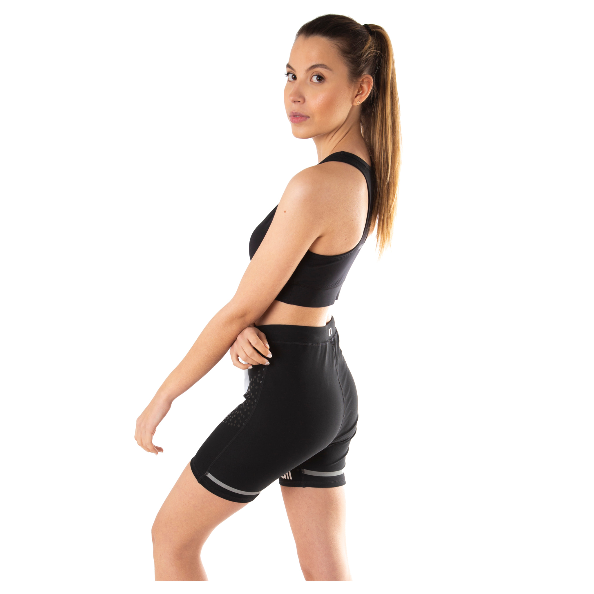 LEGGINGS DE COMPRESIÓN RUNNING PARA MUJER DE LARGO CORTO BLUEBALL EN NEGRO CON LOGO BLANCO Y CUERDAS