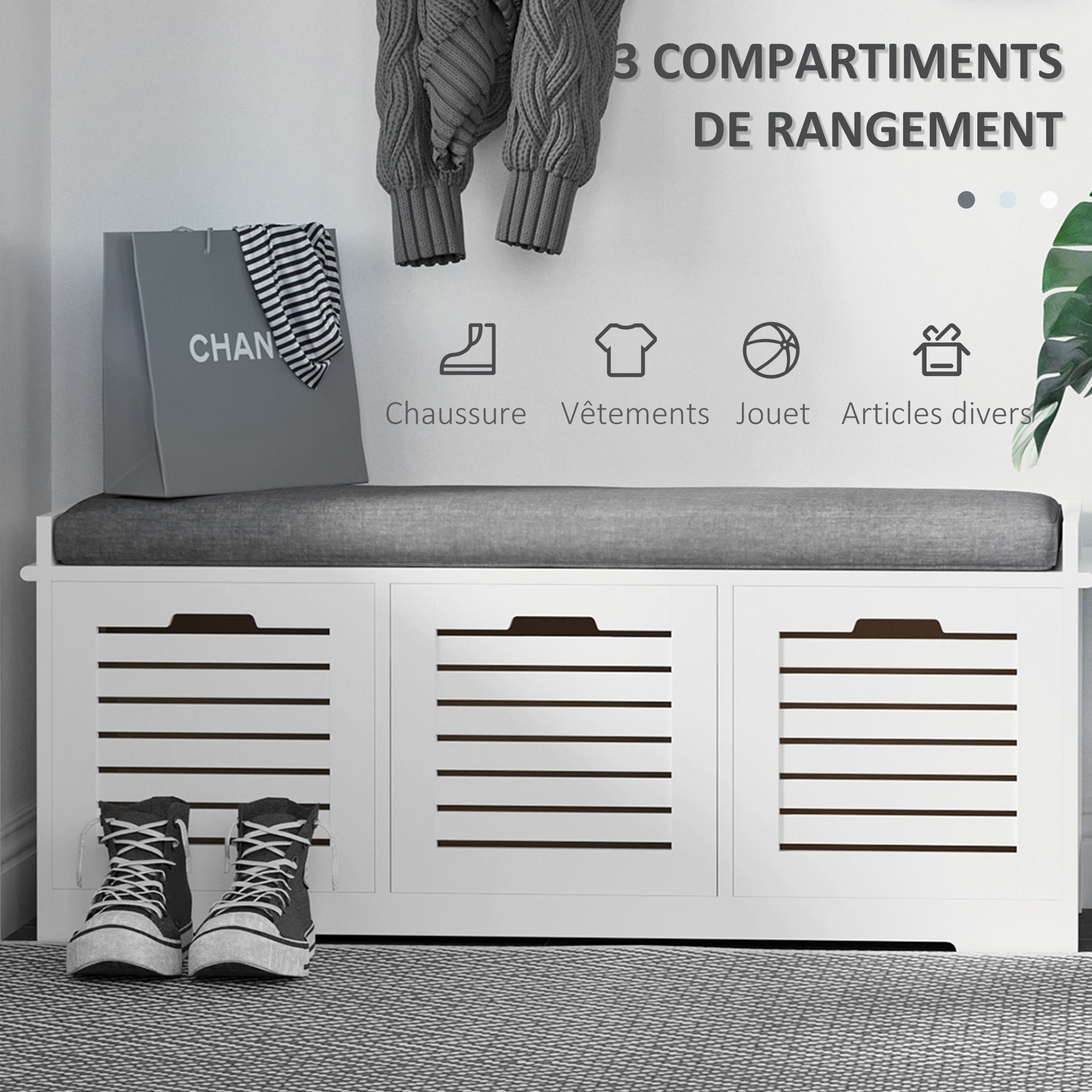 Banc à chaussures 3 tiroirs avec coussin - 108 x 35 x 43 cm - polyester gris MDF blanc