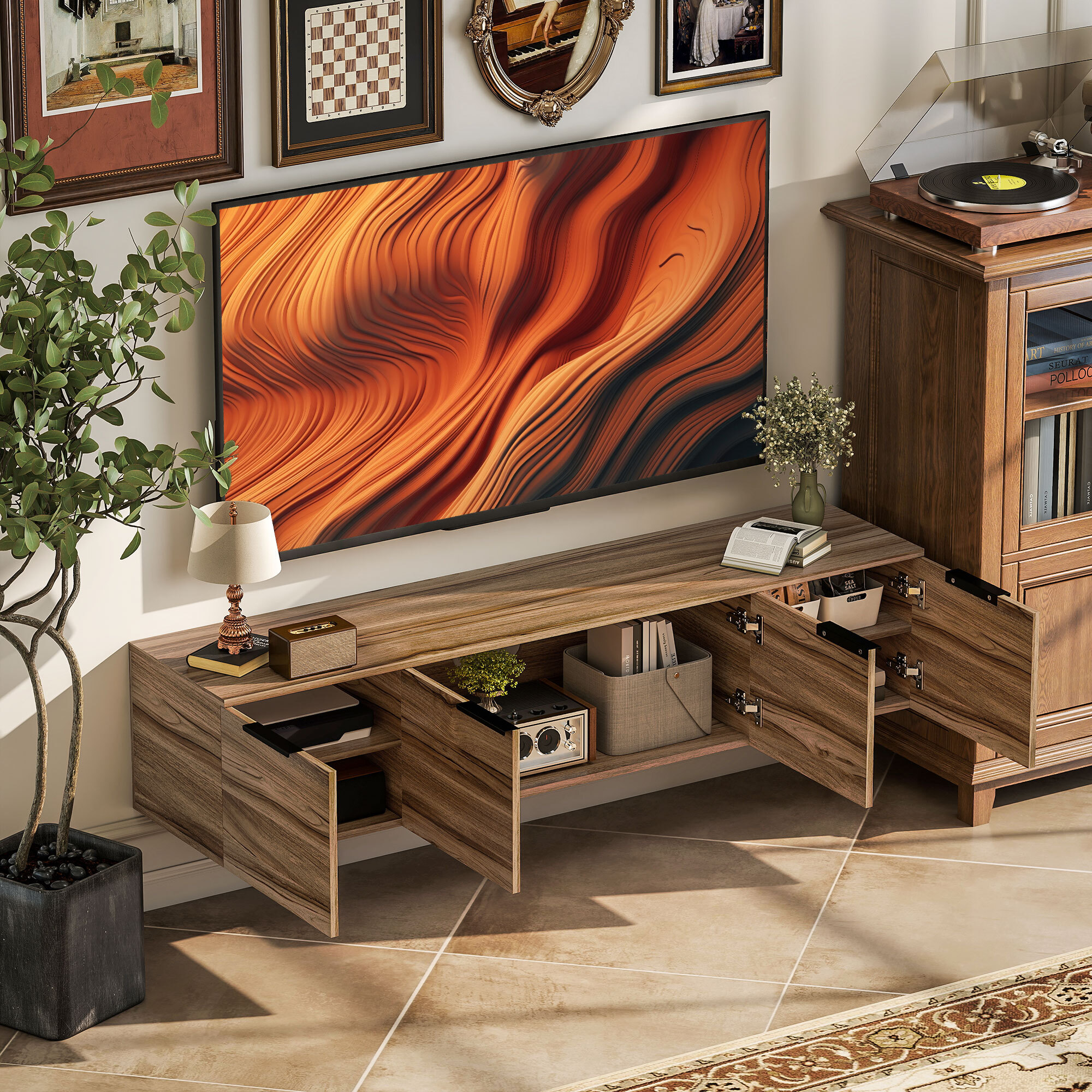 Meuble TV suspendu flottant design effet bois de noyer 4 portes 2 étagères dim. 150 x 35 x 32 cm