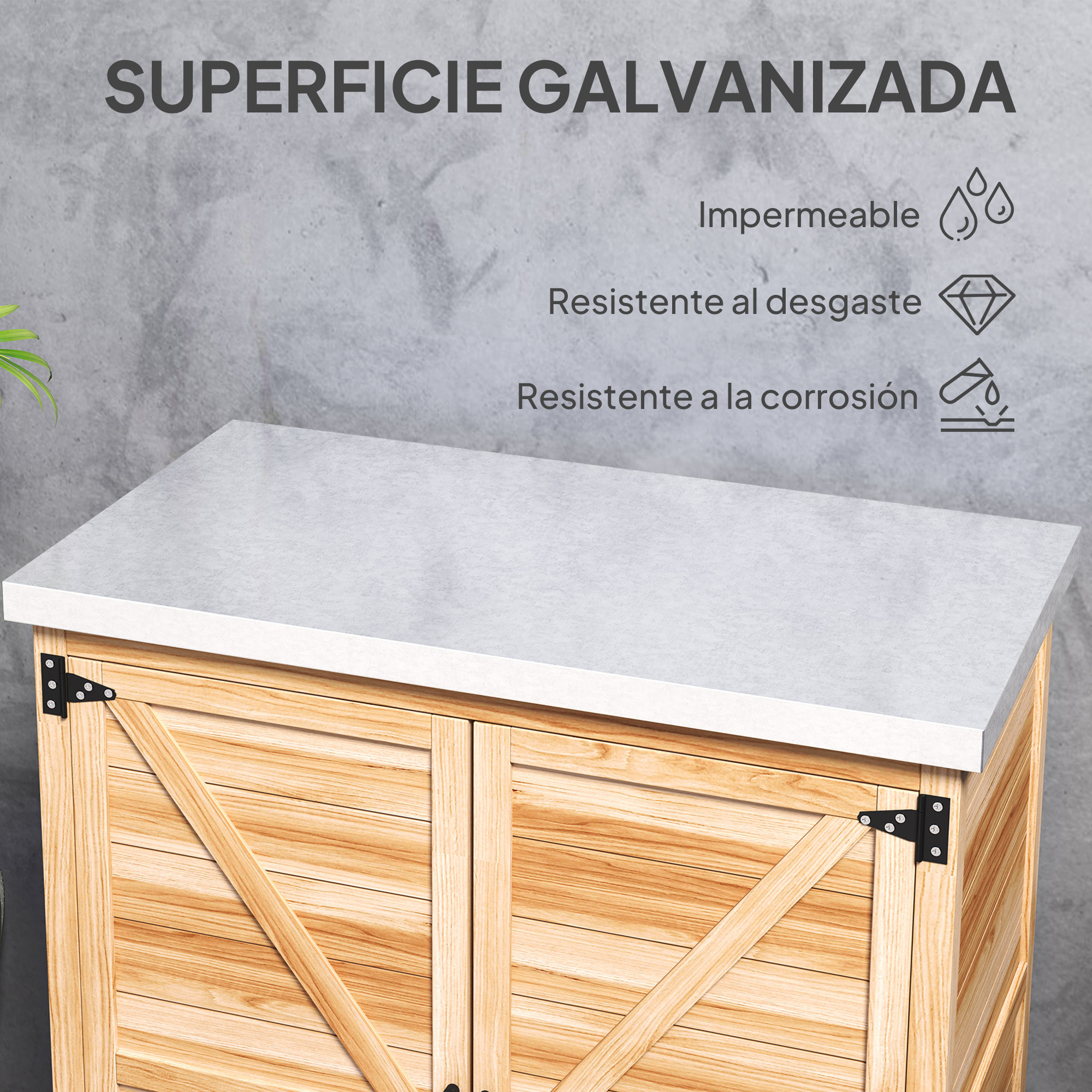 Armario de Exterior de Madera, Caseta de Jardín Exterior con Techo de Acero Galvanizado, Estante, 2 Puertas, Cobertizo de Jardín para Almacenamiento de Herramientas, 79x43x92 cm, Natural