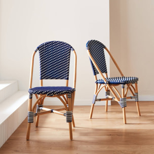 Lot de 2 chaises empilables bistrot en rotin et polyrotin bleu et blanc. L 48 x P 58 x H 90cm