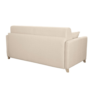 Canapé convertible 3 places en tissu beige et bois clair avec matelas 12 cm SKANDY