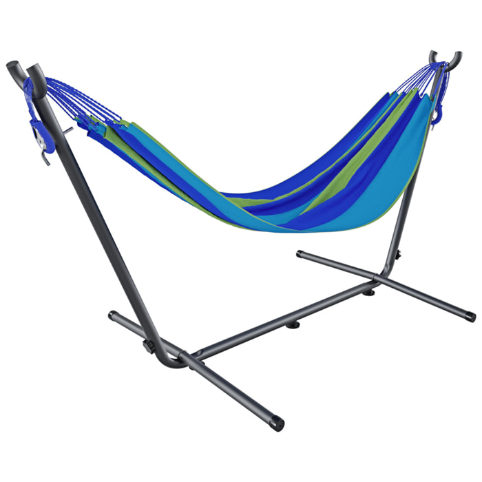 Amaca Da Giardino Con Supporto In Acciaio Portata 200 Kg Regolabile Telo Cotone Resistente Esterno Terrazzo Borsa 265x110x100 Cm Multicolore Blu