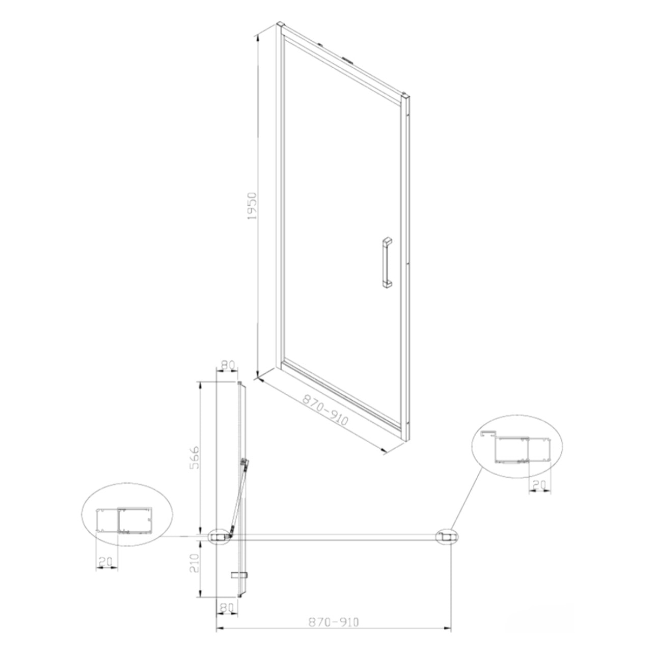 TEX-C ensemble porte compact/paroi 90x80cm anticalcaire avec profilés chrome brillant (SATTEXC90S80)