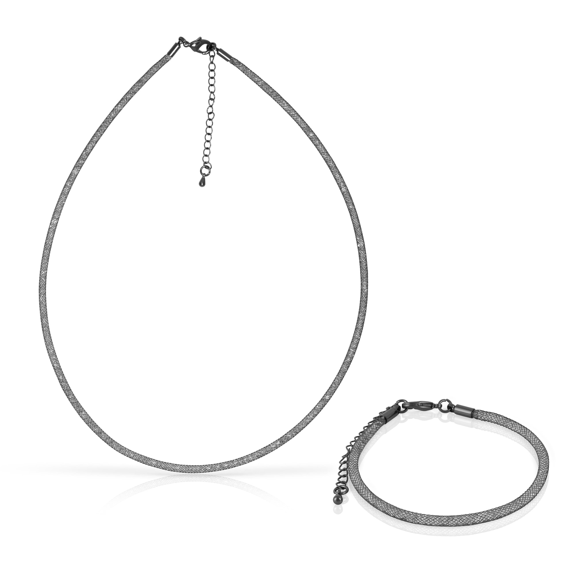Set de collar y pulsera negros de malla de cobre con relleno de cristal brillante y cierre de mosquetón de cobre con acabado negro.