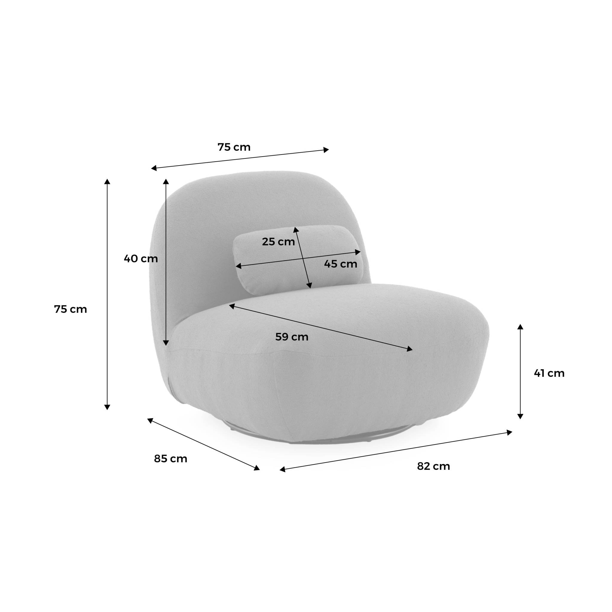 Fauteuil pivotant 360° en bouclette texturée gris clair. piètement en métal noir mat - SPINO