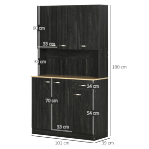 Armoire de cuisine contemporaine multi-rangement 6 portes 1 tiroir + grand plateau dim. 101L x 39l x 180H cm panneaux particules bois noir