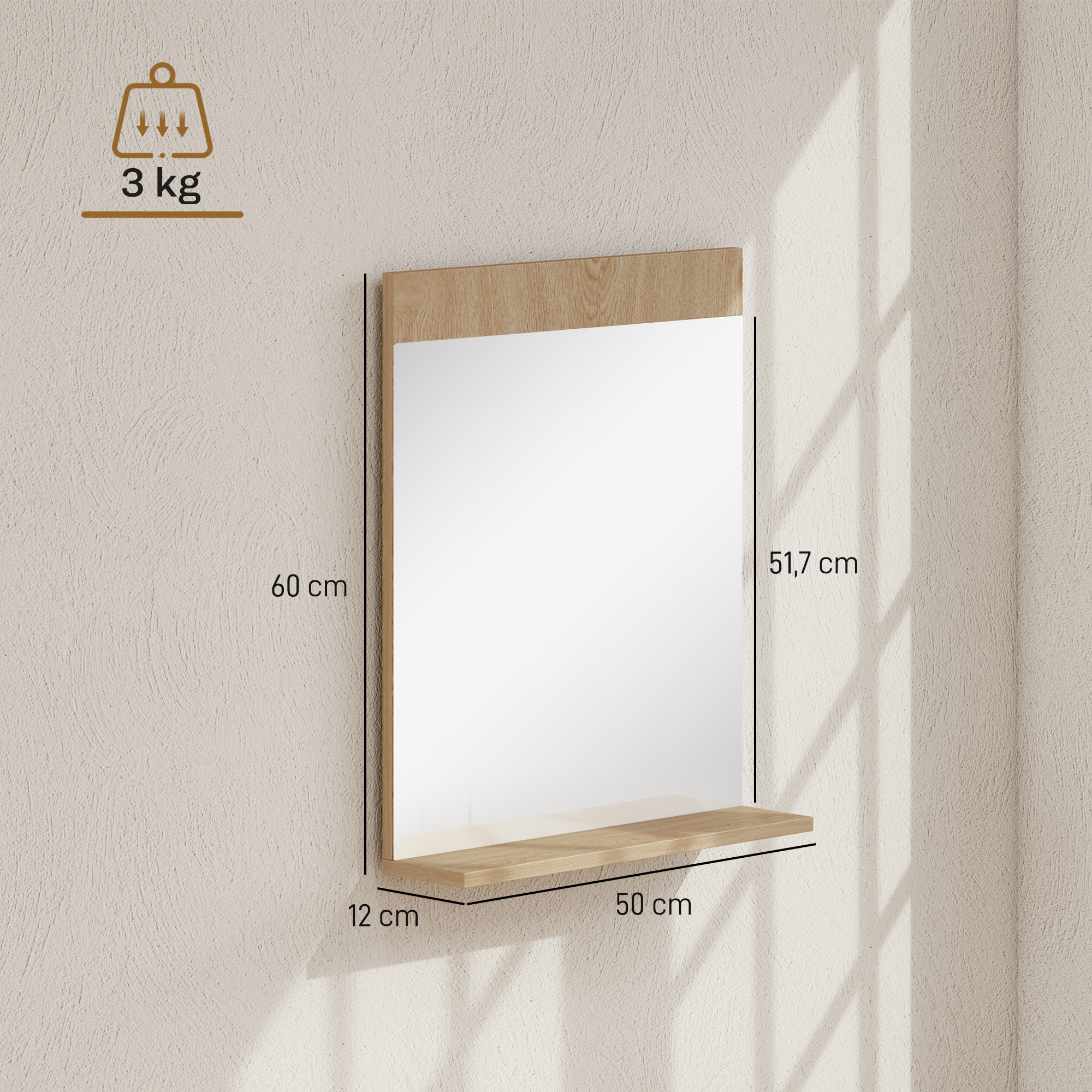 Espejo de Baño Espejo de Pared con Estante Abierto Espejo para Entrada Pasillo 50x12x60 cm Roble