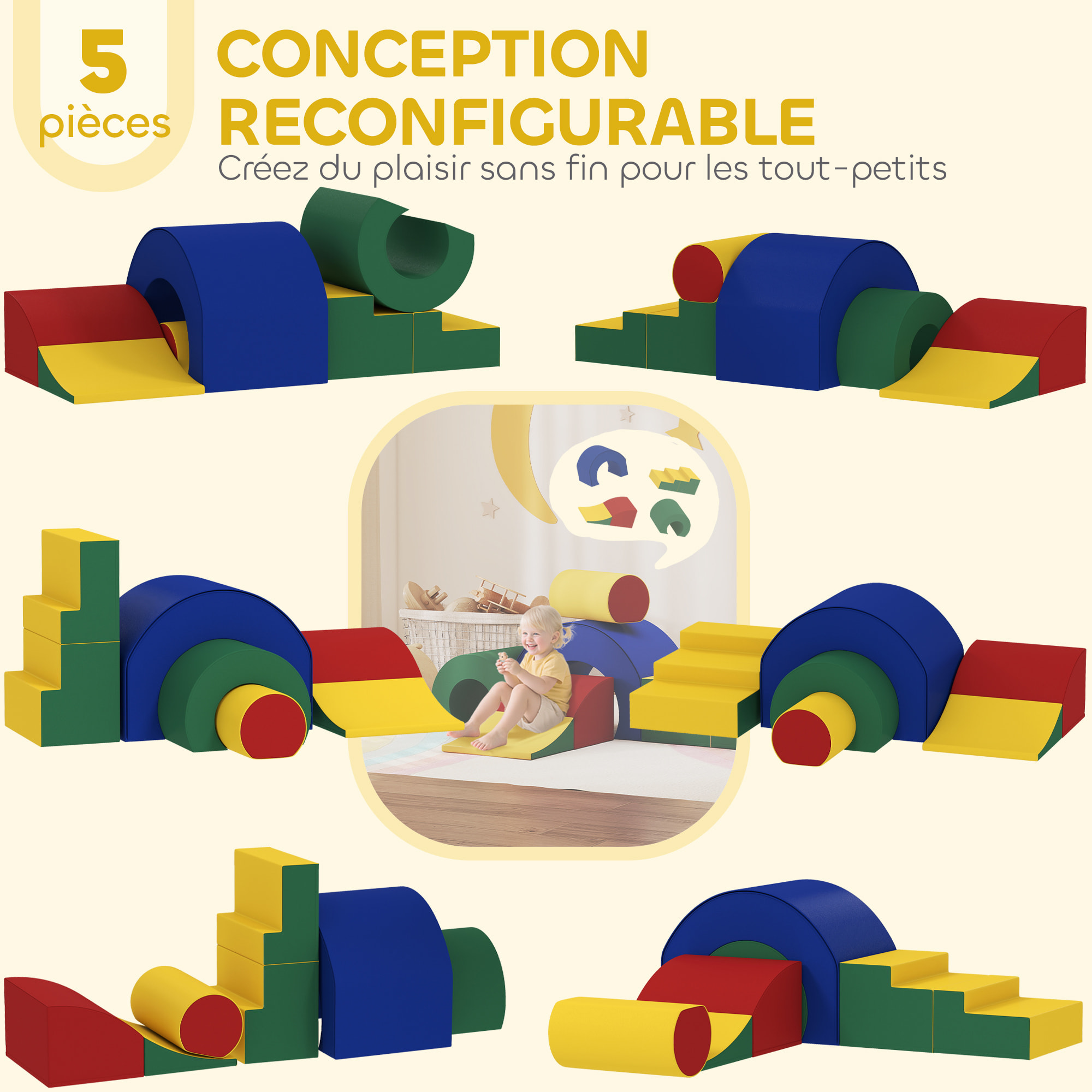 5 blocs de construction en mousse XXL - modules de motricité - certifiés normes EN71-1-2-3 - multicolore
