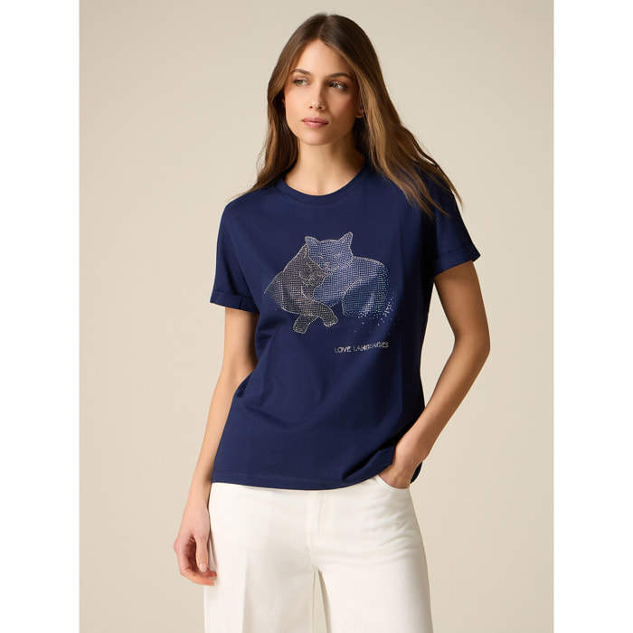 Oltre - T-shirt in cotone con applicazioni - Blu