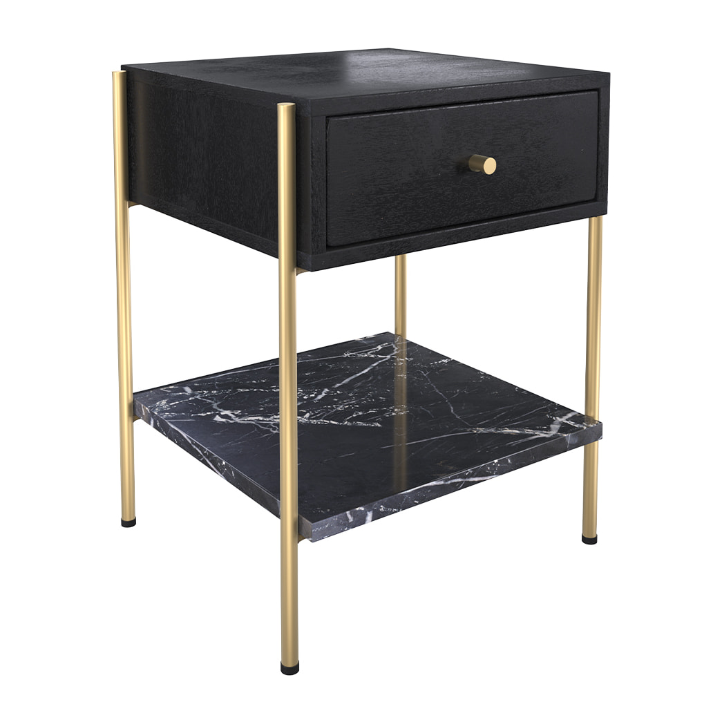 Table de chevet 1 tiroir en bois noir et métal doré - Doori