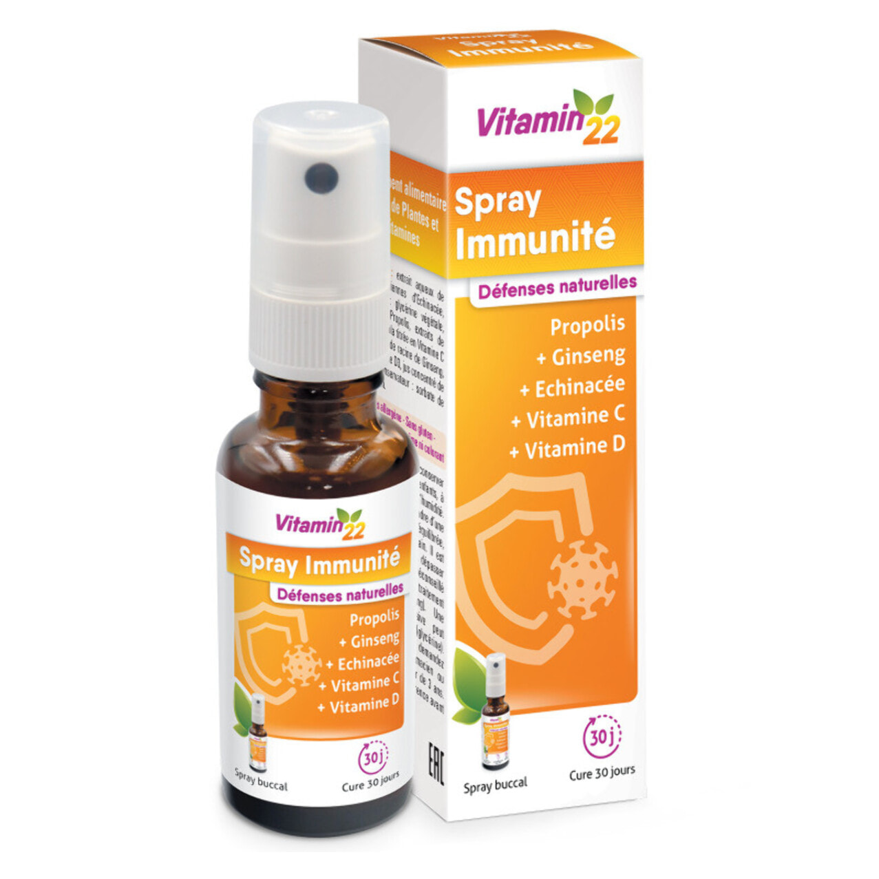 VITAMIN'22 - Spray Immunité - Complément alimentaire à base de Propolis, Ginseng, Échinacée, Vitamines C & D - Soutien de l'immunité - Cure 30 jours