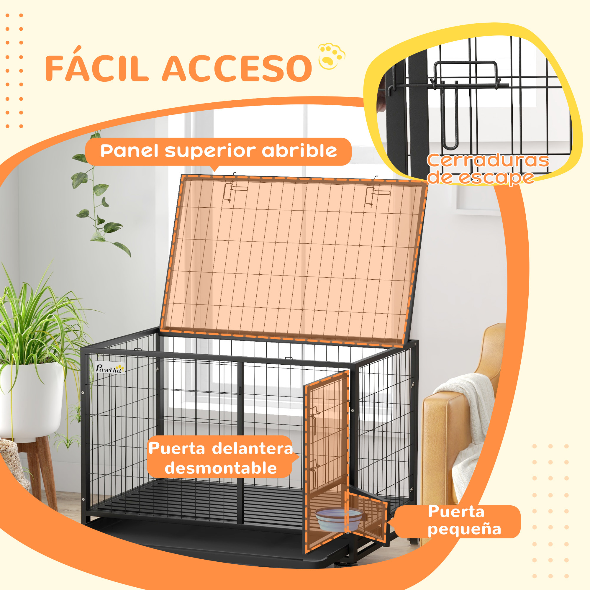 Jaula para Perros Jaula para Perros Grandes con Tapa Superior Abatible Soporte de Cuenco Bandeja Extraíble Ruedas y Puerta Doble Desmontable 109x72x79 cm Negro