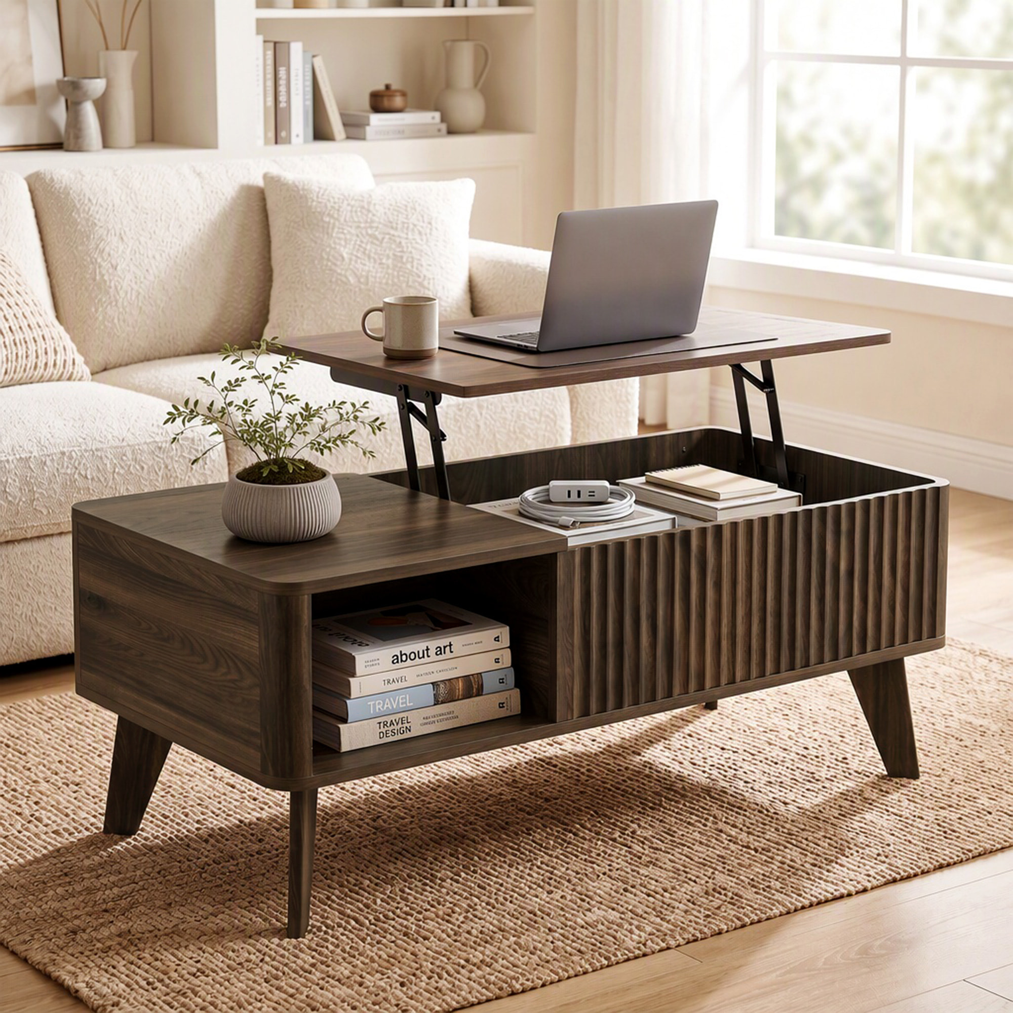 HOMCOM Mesa de Centro Elevable con Almacenaje, Mesa de Café para Salón con Compartimento Oculto, Estantes Abiertos, Frontal Ondulado y Esquinas Curvas, para Comedor, 100x48x41-56 cm, Nogal