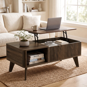 HOMCOM Mesa de Centro Elevable con Almacenaje, Mesa de Café para Salón con Compartimento Oculto, Estantes Abiertos, Frontal Ondulado y Esquinas Curvas, para Comedor, 100x48x41-56 cm, Nogal