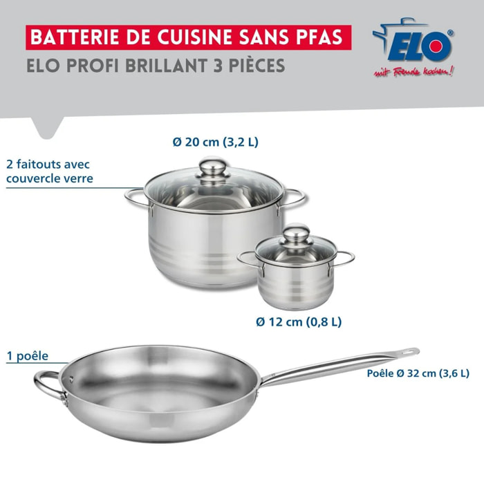 Ensemble de 1 Poêle de cuisson 32 cm et 2 faitouts 12 et 20 cm Elo Profi Brillant