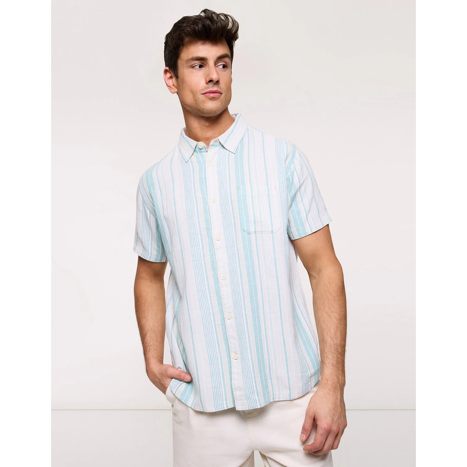 Camisa Rayas Manga Corta Turquesa - Kurezo