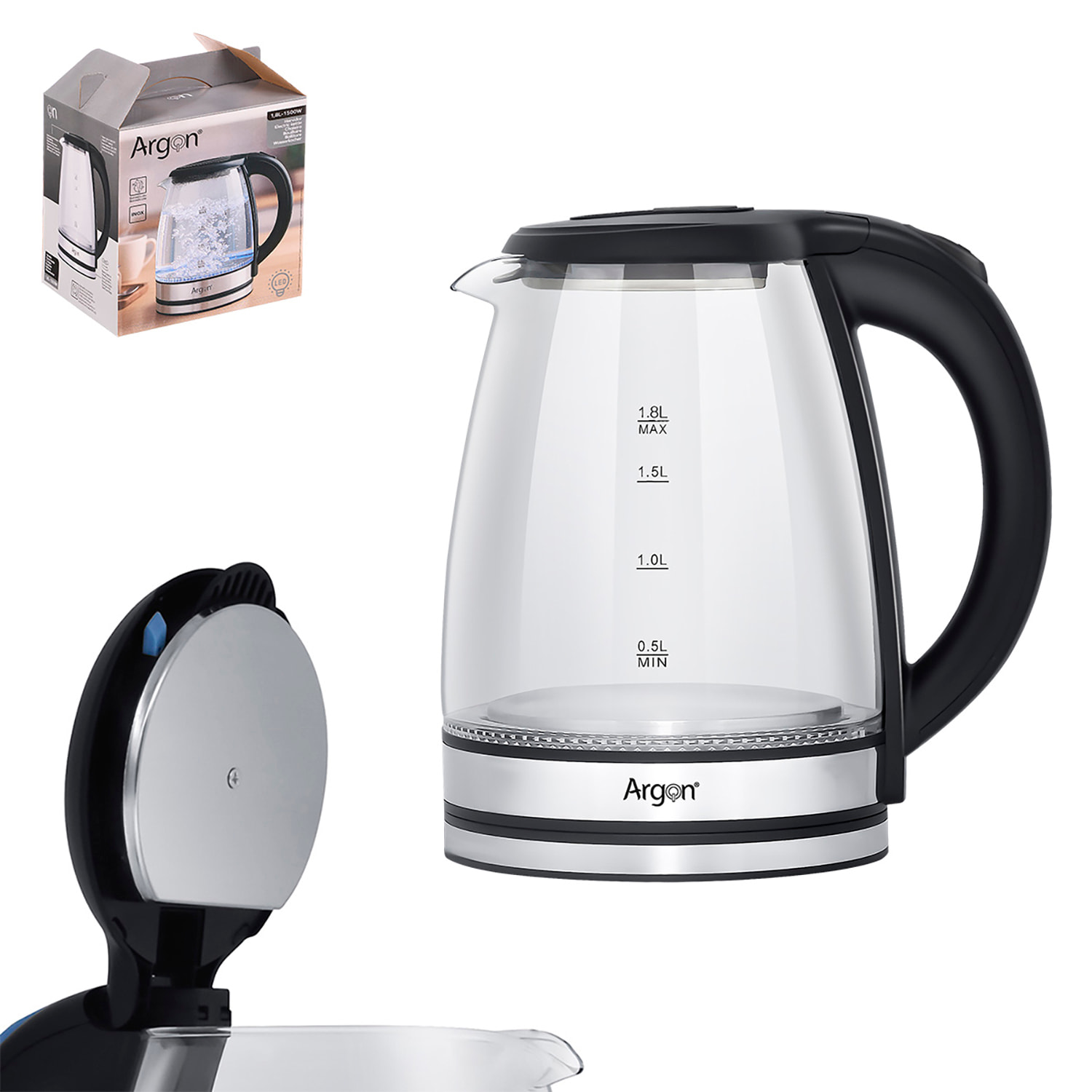 Hervidor de acero y borosilicato con luces LED. 1500W y 1,8L de capacidad.