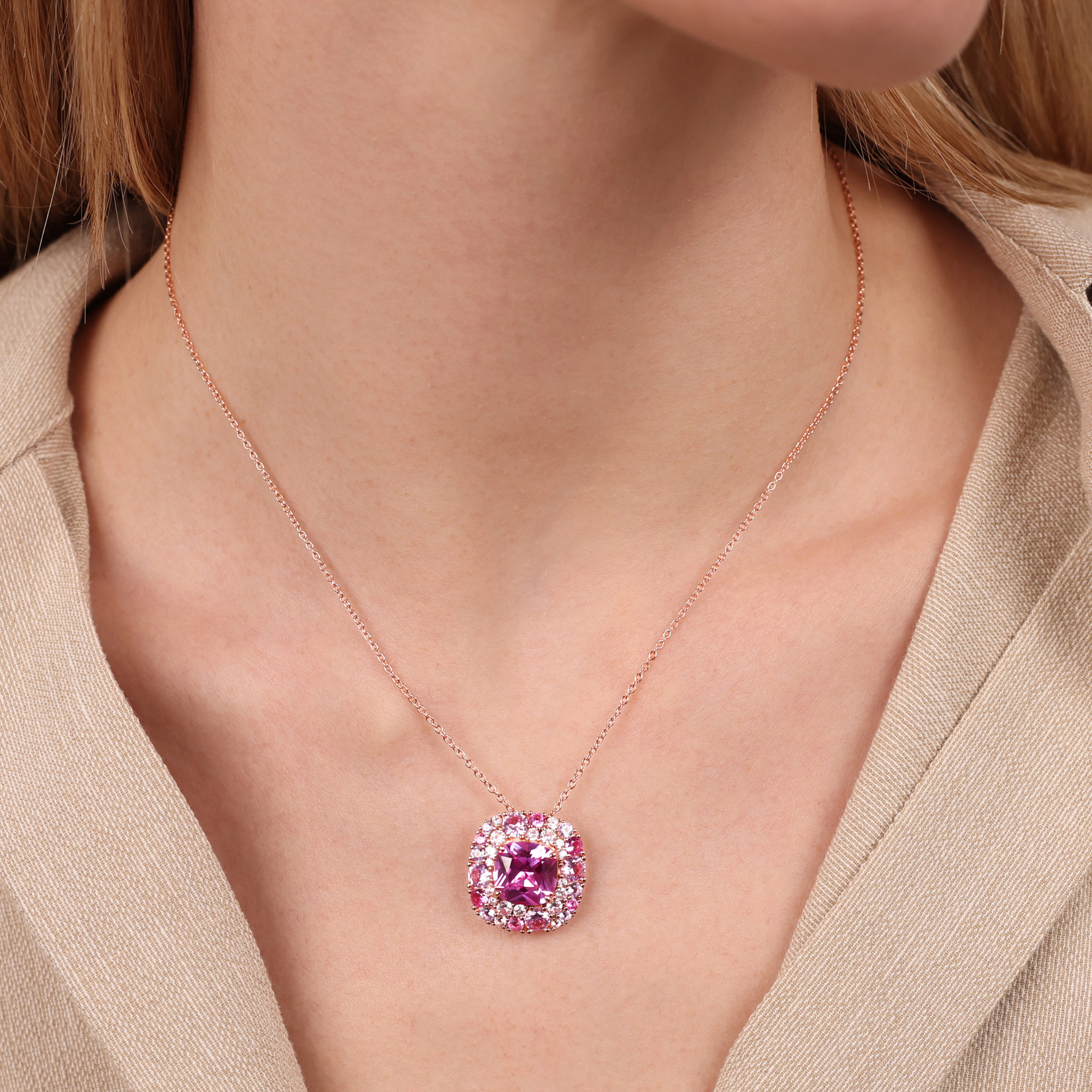 Collana Catena Rolo in Argento 925 con Pendente in Pavé Misto di Cubic Zirconia Rosa Effetto Degradé