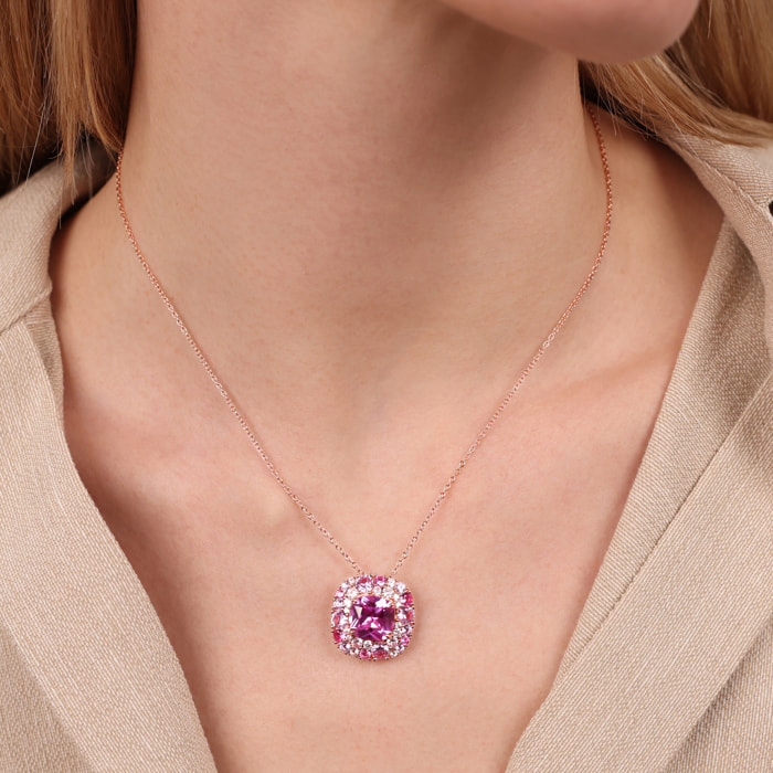 Collana Catena Rolo in Argento 925 con Pendente in Pavé Misto di Cubic Zirconia Rosa Effetto Degradé