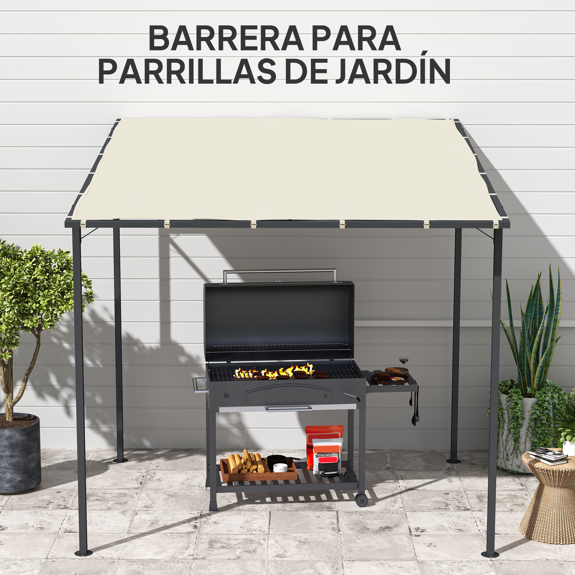 Pérgola de Pared 2,4x2,4 m Cenador de Jardín con Techo Inclinado Protección UV 30+ Impermeable y Marco de Metal para Patio Terraza Balcón Crema