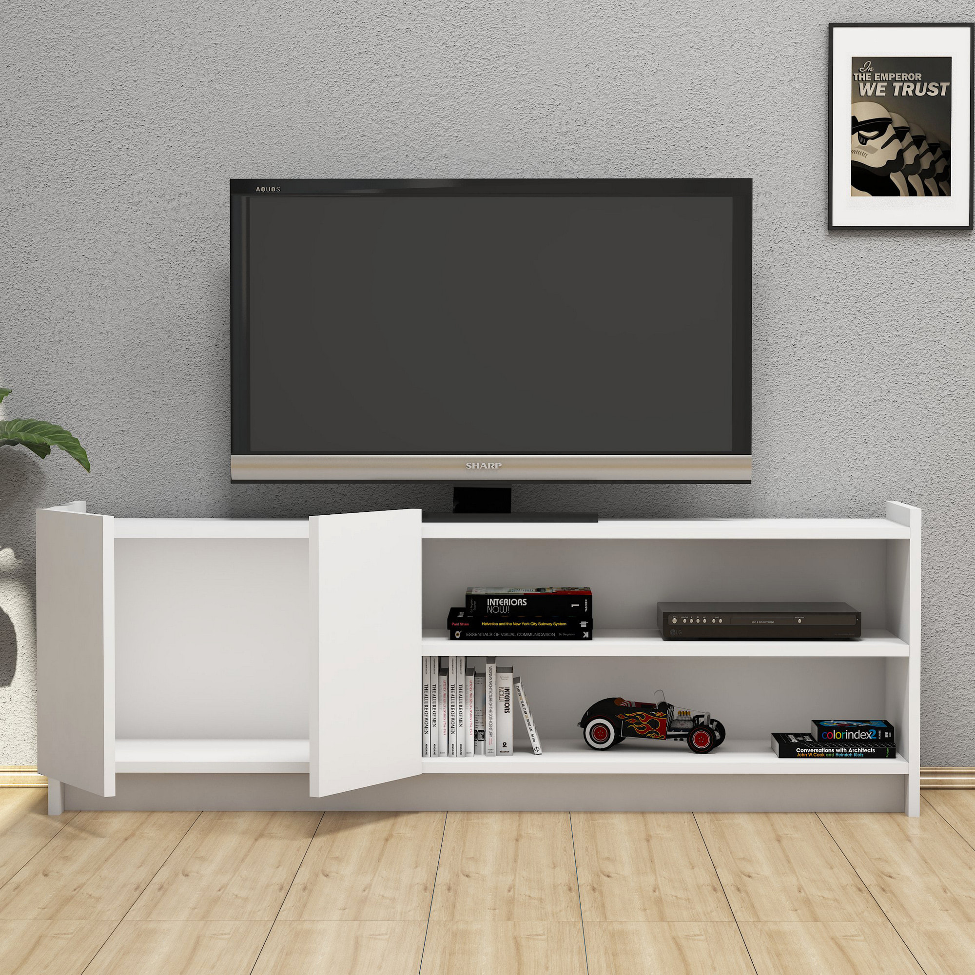 Mesa tv con compartimentos y cajones ,100% tablero de aglomerado rechapado en melamina, color blanco