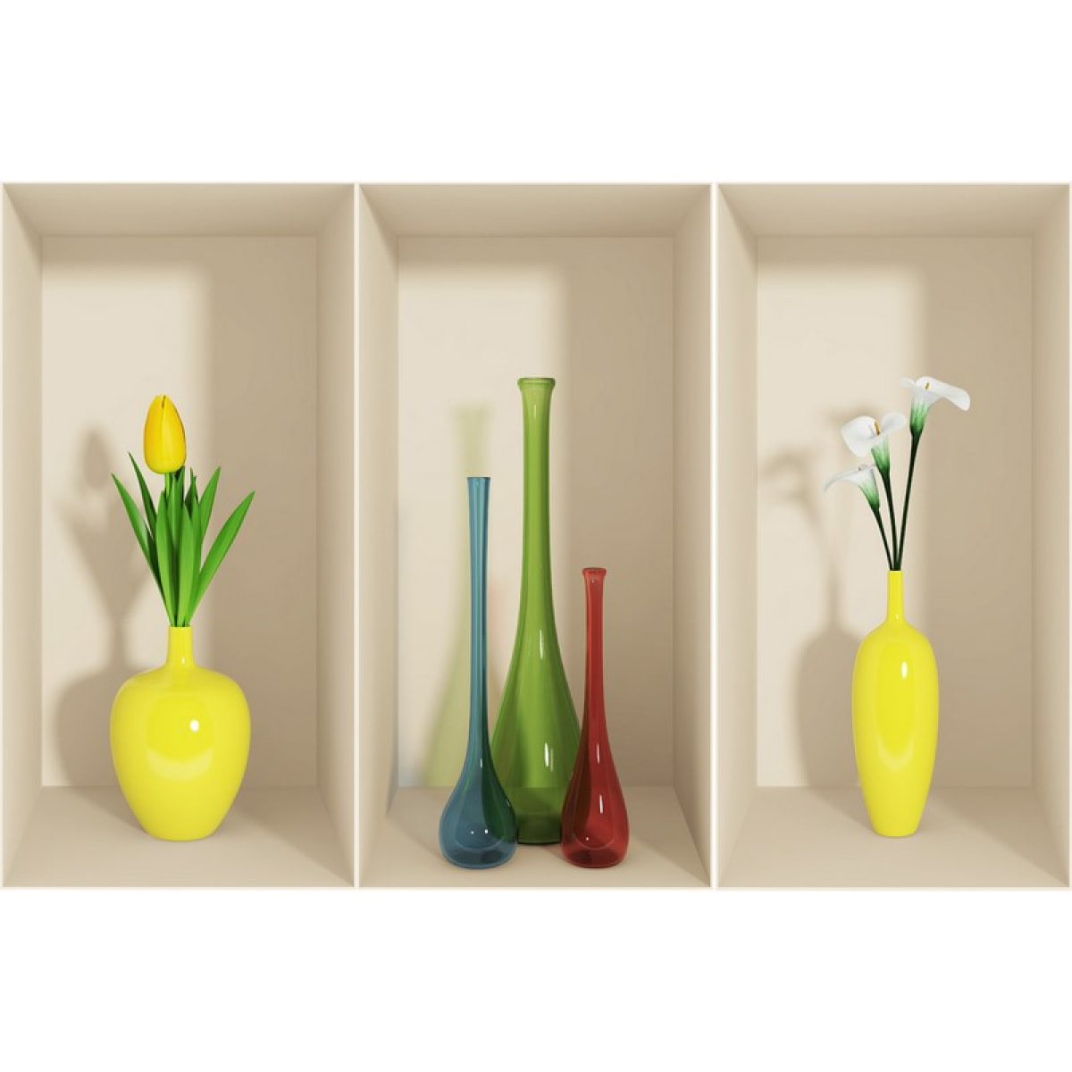 Stickers muraux 3D | Sticker Mural Autocollant effet 3D fleurs - vases jaunes - Stickers adhésifs 3D Chambre Salon Trompe l'oeil