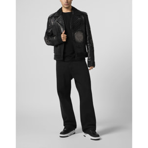 PHILIPP PLEIN Vintage Leather Biker Jacket Tattoo Patches & Studs