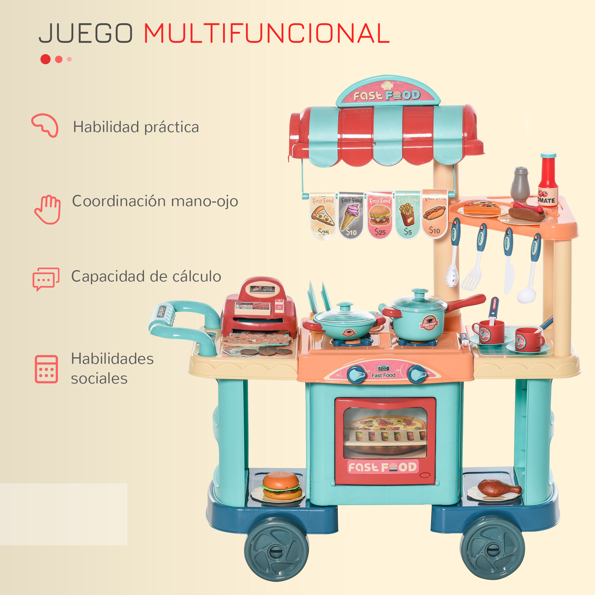 Cocina de Juguete para Niños de 3-6 Años Cocina Infantil con Ruedas Caja Registradora y Accesorios para Cocinar 79,5x33x90,5 cm Multicolor