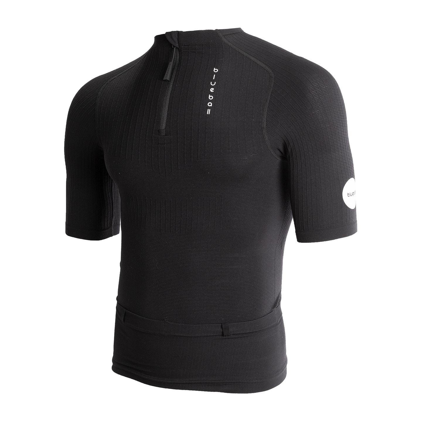 Maglia a compressione nera leggera ed ergonomica con supporto posturale e cintura portaoggetti integrata per il trail running