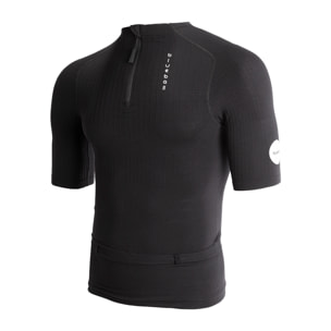 Maglia a compressione nera leggera ed ergonomica con supporto posturale e cintura portaoggetti integrata per il trail running