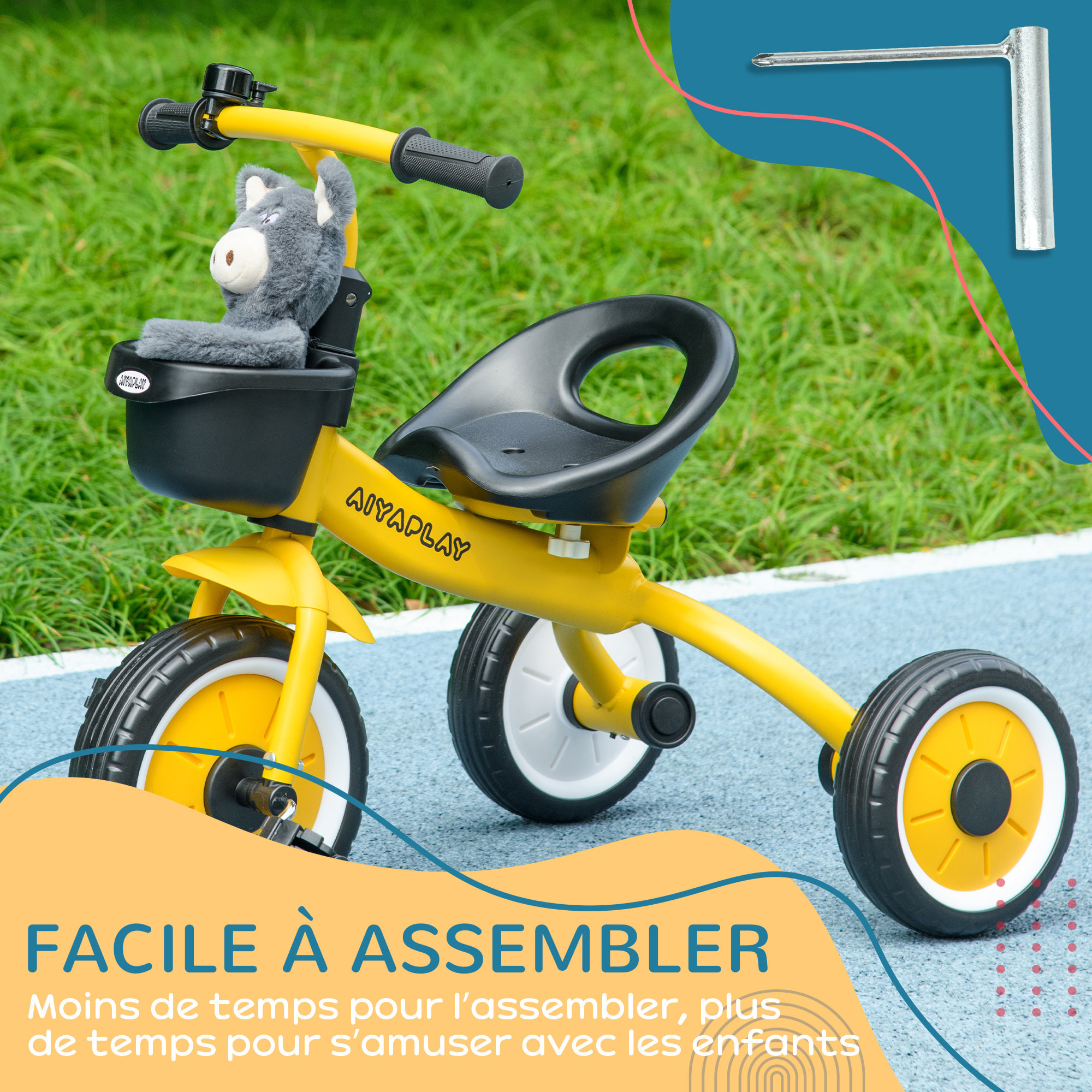 Tricycle enfant multi-équipé garde-boue sonnette panier pédales antidérapantes siège réglable avec dossier métal jaune