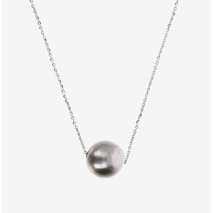 Collana con Perla Ming d'Acqua Dolce Grigia Ø 11/12 mm in Argento 925 placcato Oro bianco 18Kt